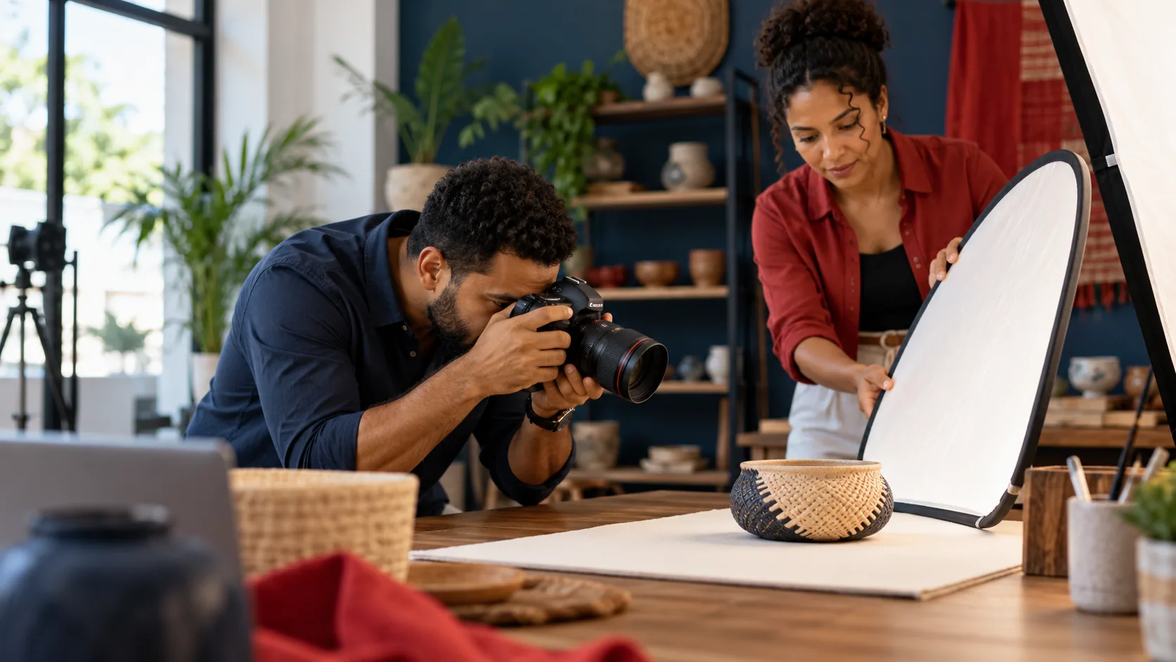 Práctica de fotografía de producto con cámara y reflector