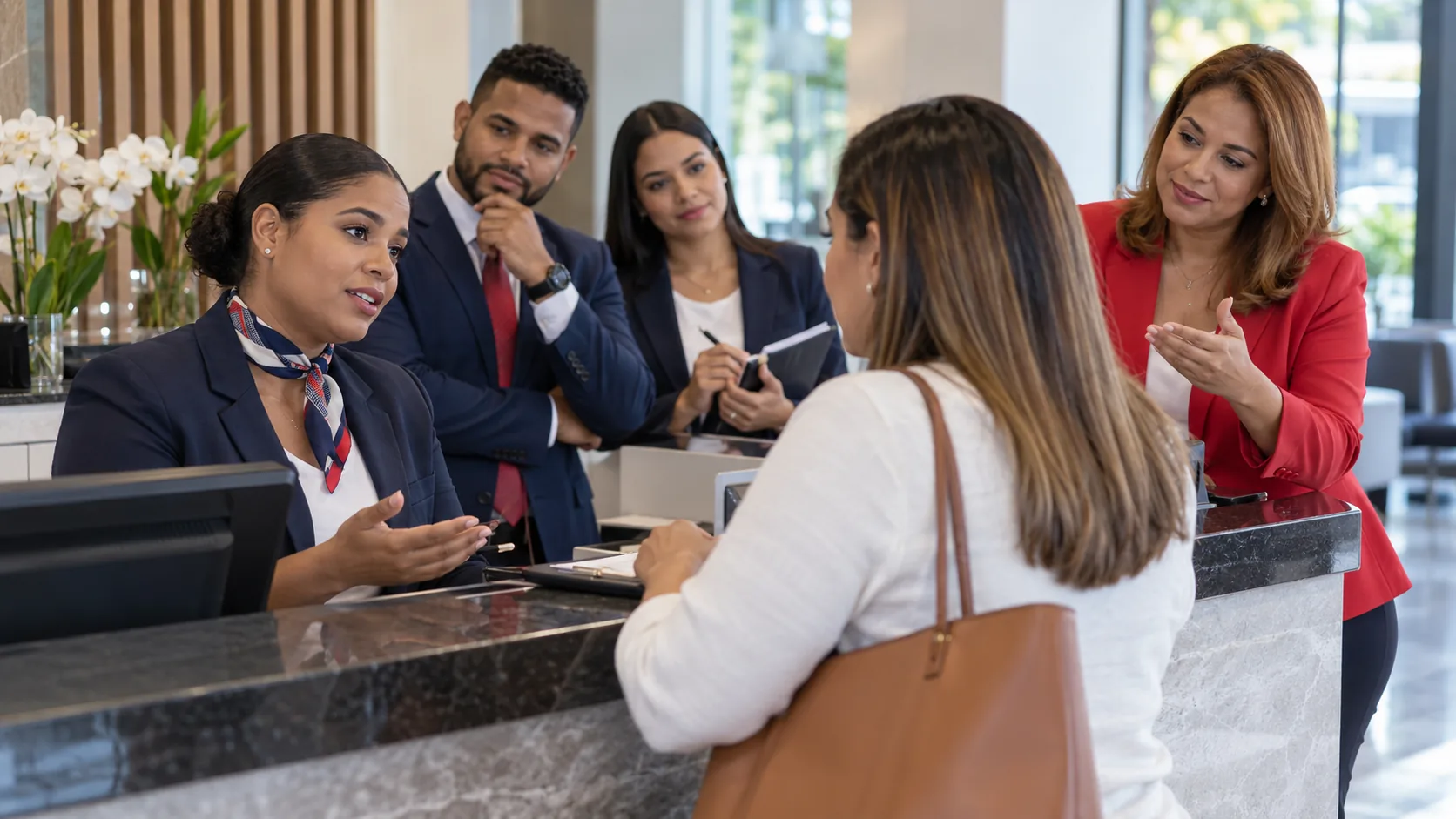 Equipo practicando una atención empática frente a una cliente
