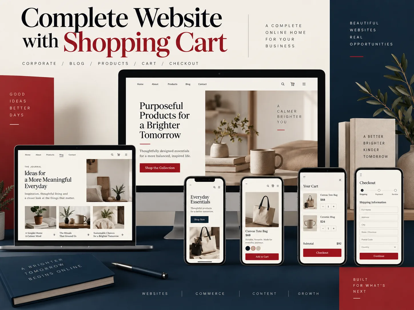 Ejemplo visual de una web completa con blog, productos, carrito y proceso de compra